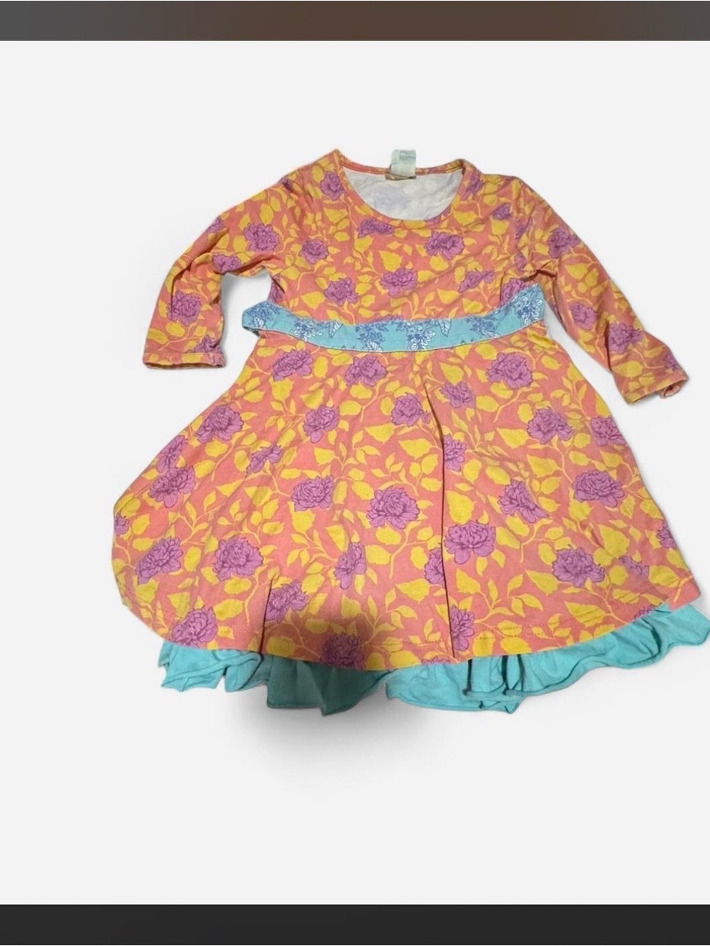Matilda Jane Sz 6 Floral Twirl Dress Teal Ruffle Orange Rose